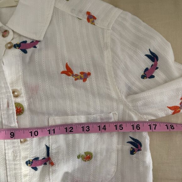 Anthropologie Maeve Embroidered Koi Fish White Button Down Rolltab Sleeves 4 - Picture 9 of 11